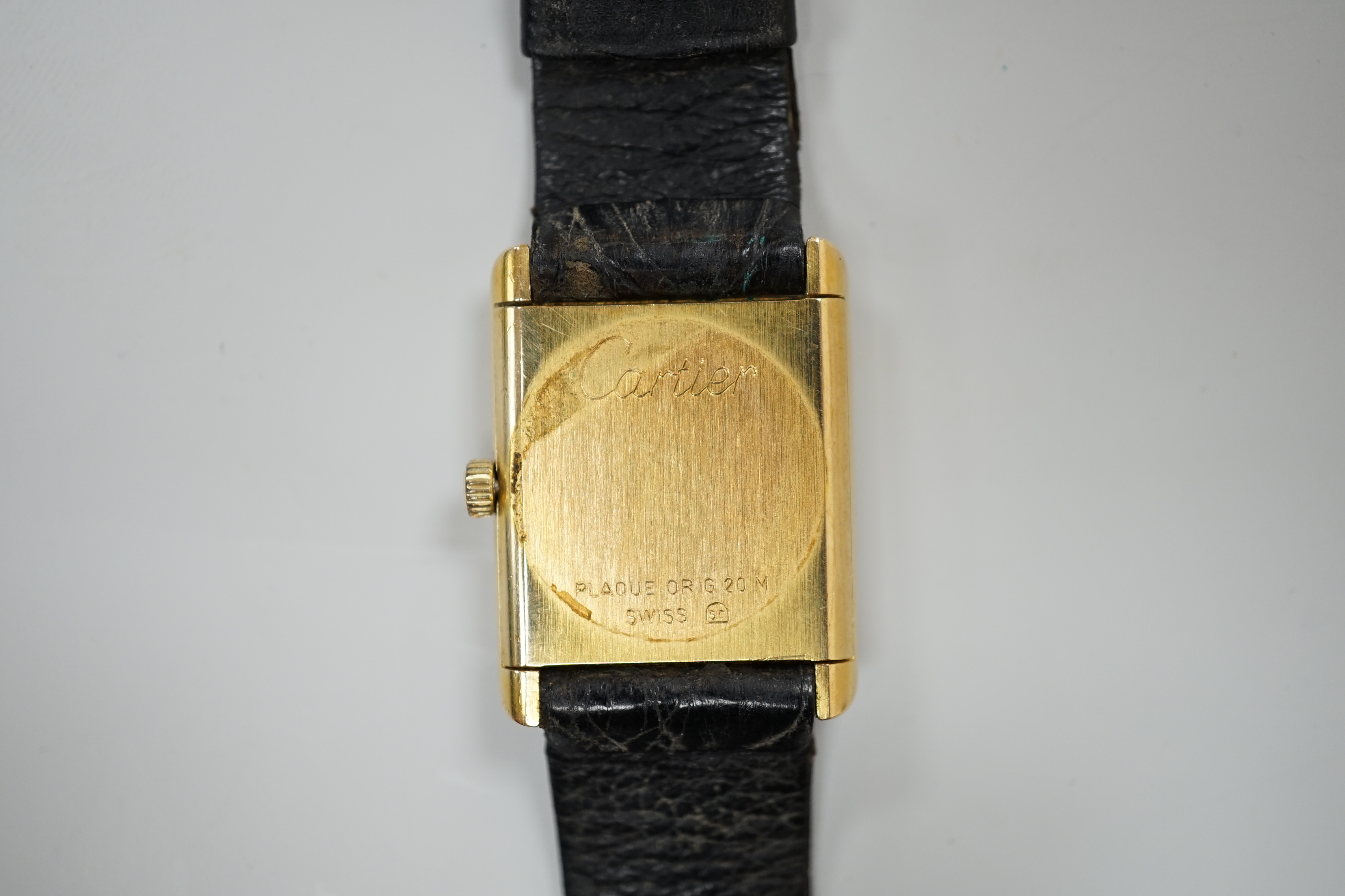 A lady's gold plated Cartier Tank wrist watch, with quartz movement, 2.5cm